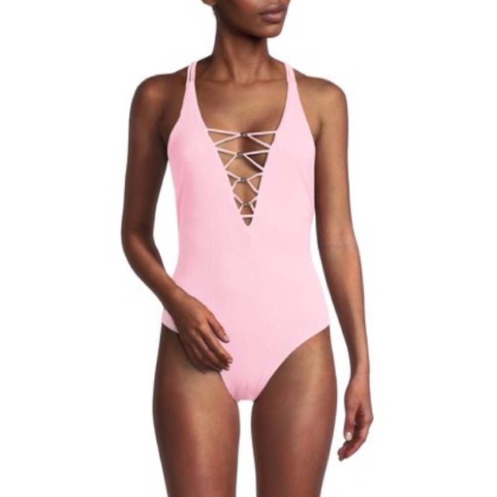 YMI NWT Ribbed Crisscross Lace Up One Piece Swimsuit Pink Size M